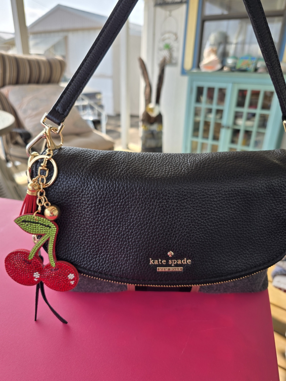 Kate Spade EUC Jackson Street Black Leather Shoulder Bag10.5x7 Red Cherry Charm